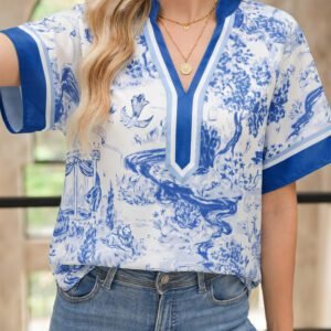 Blue Wild Animal Paradise Contrast V Neck Raglan Sleeve Blouse