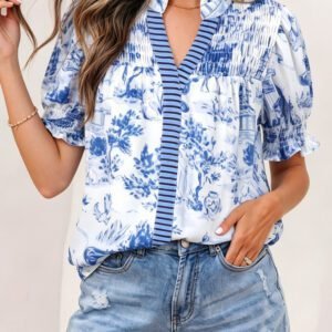 Blue Wild Animal Paradise Striped Detail V Neck Blouse