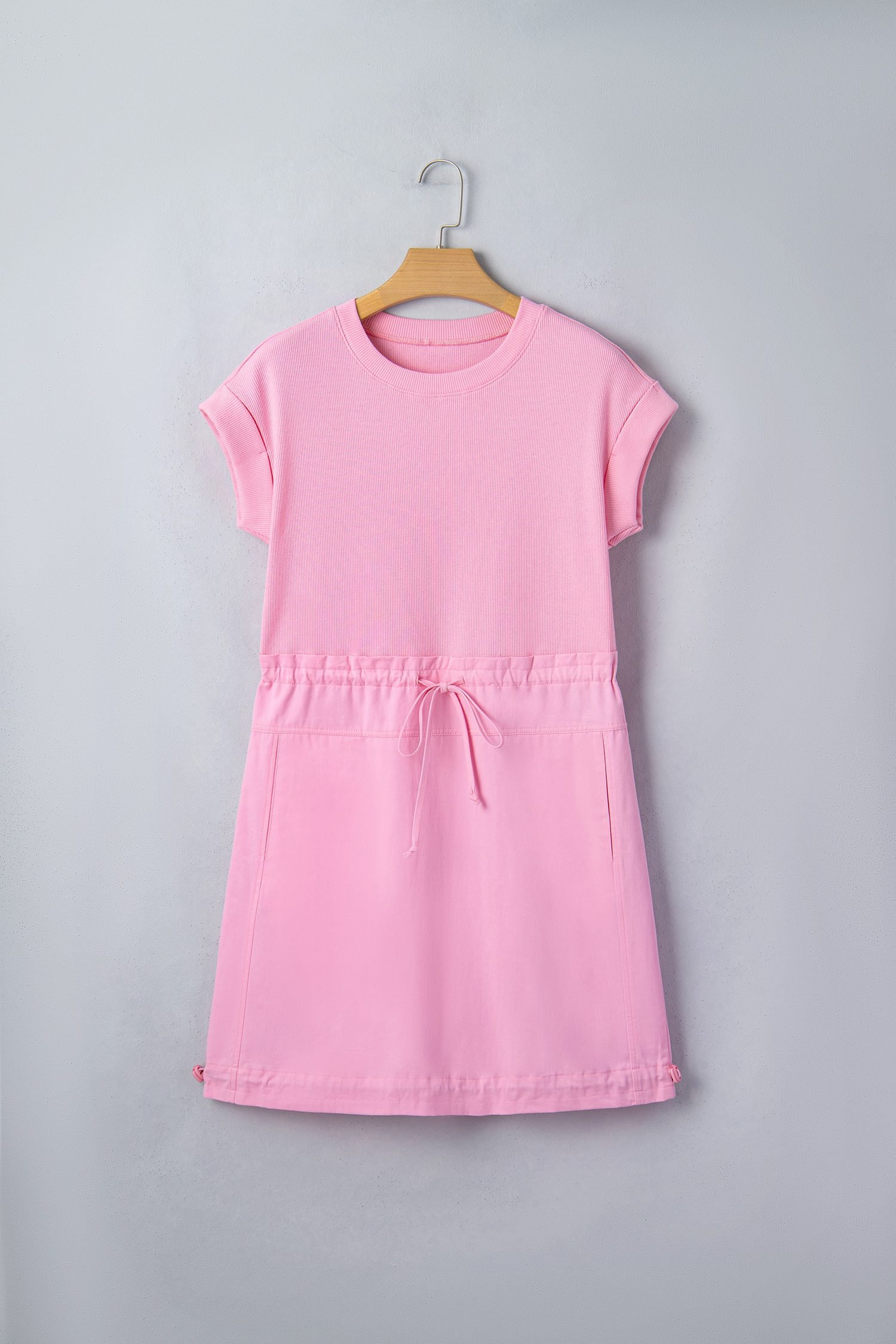 Bonbon Cuffed Short Sleeve Mix Fabric Patchwork Drawstring Mini Dress