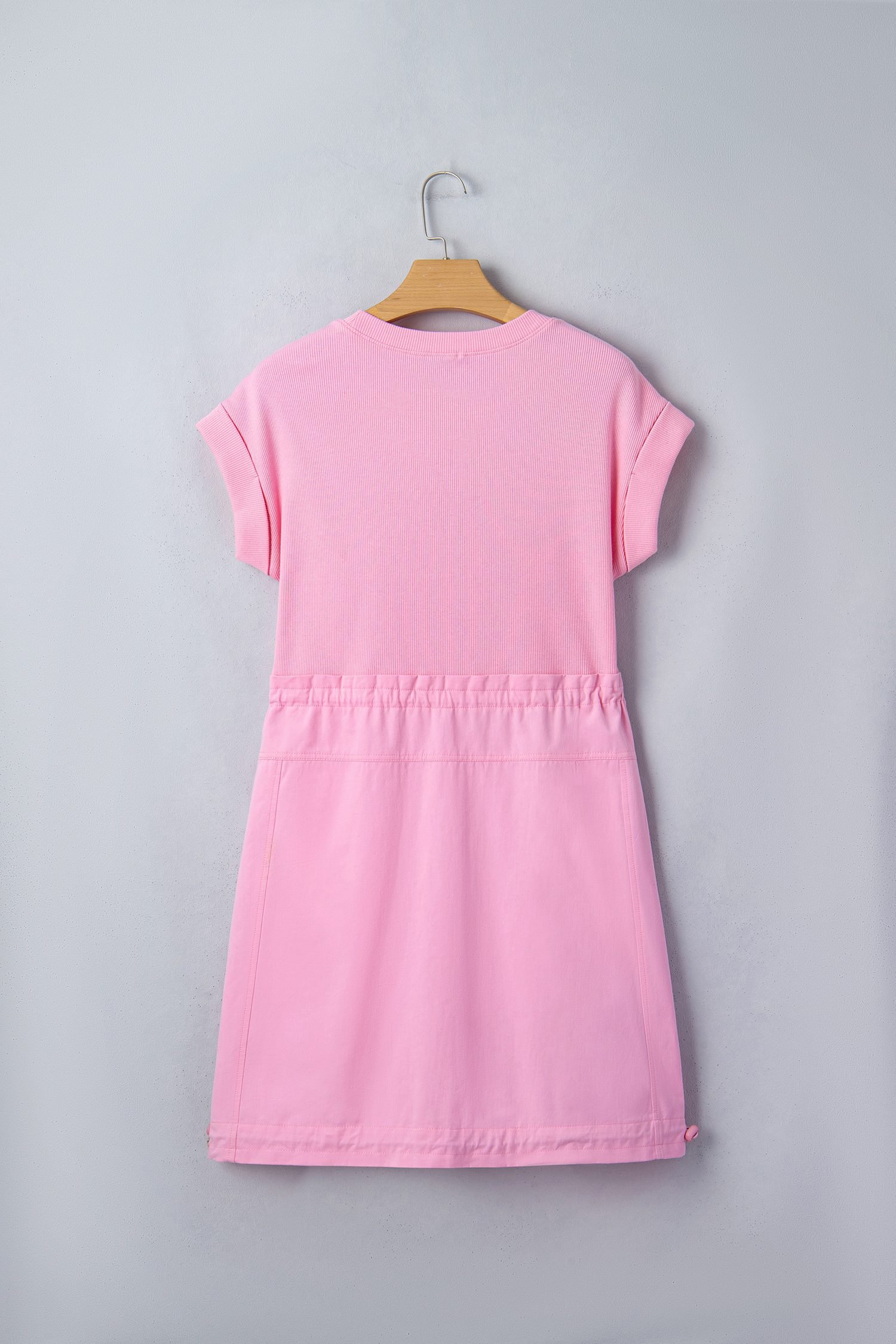 Bonbon Cuffed Short Sleeve Mix Fabric Patchwork Drawstring Mini Dress