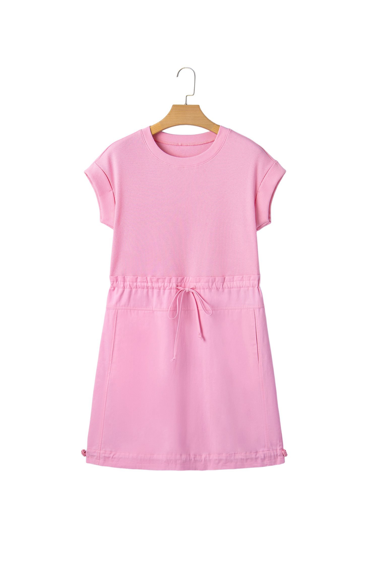 Bonbon Cuffed Short Sleeve Mix Fabric Patchwork Drawstring Mini Dress