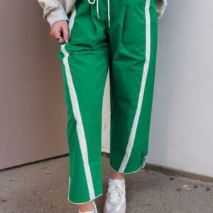 Bright Green Contrast Striped Smocked Waist Drawstring Cropped Casual Pants