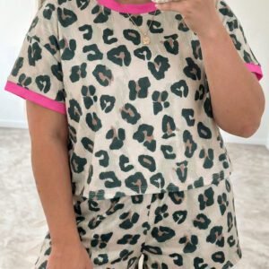 Brown Plus Size Leopard Color Block Trim Short 2pcs Set