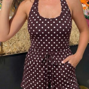 Brown Polka Dot Halter Tank Drawstring Elastic Waist Short Set