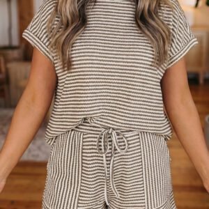 Brown Stripe Breathable Textured Knit Short 2pcs Set