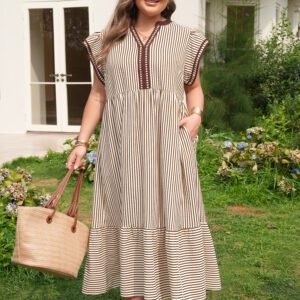 Brown Stripe Plus Size Slit V Neck Tiered Flutter Sleeve Maxi Dress