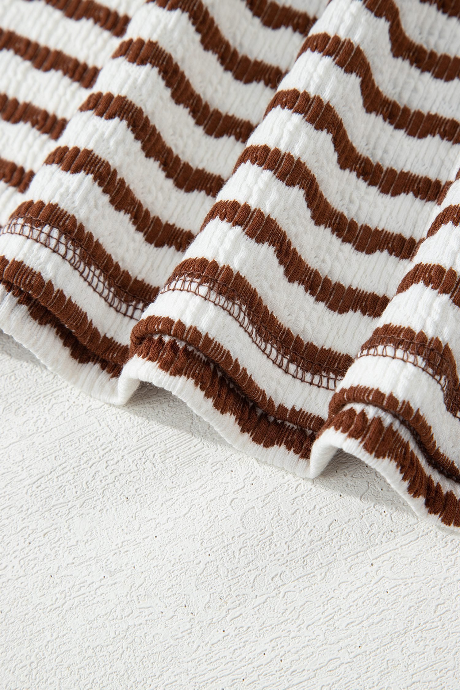 Brown Stripe Textured Knit Split Hem Half Sleeve Loose Top
