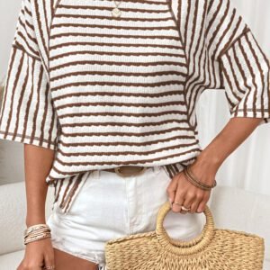 Brown Stripe Textured Knit Split Hem Half Sleeve Loose Top