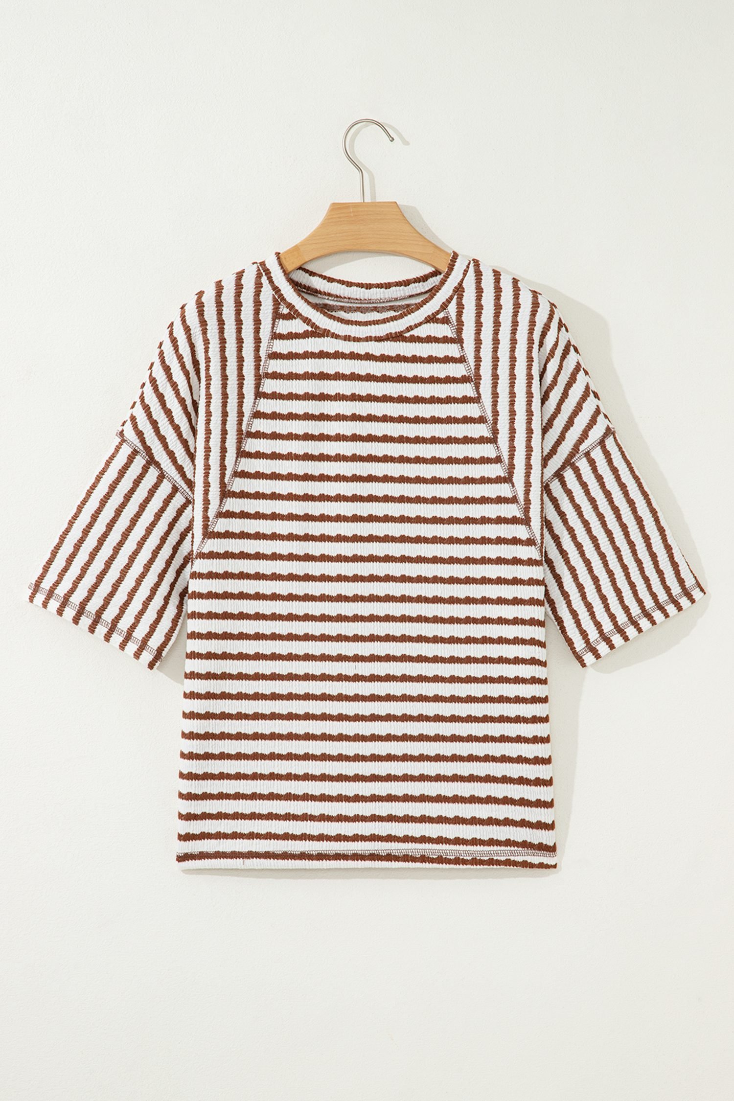 Brown Stripe Textured Knit Split Hem Half Sleeve Loose Top