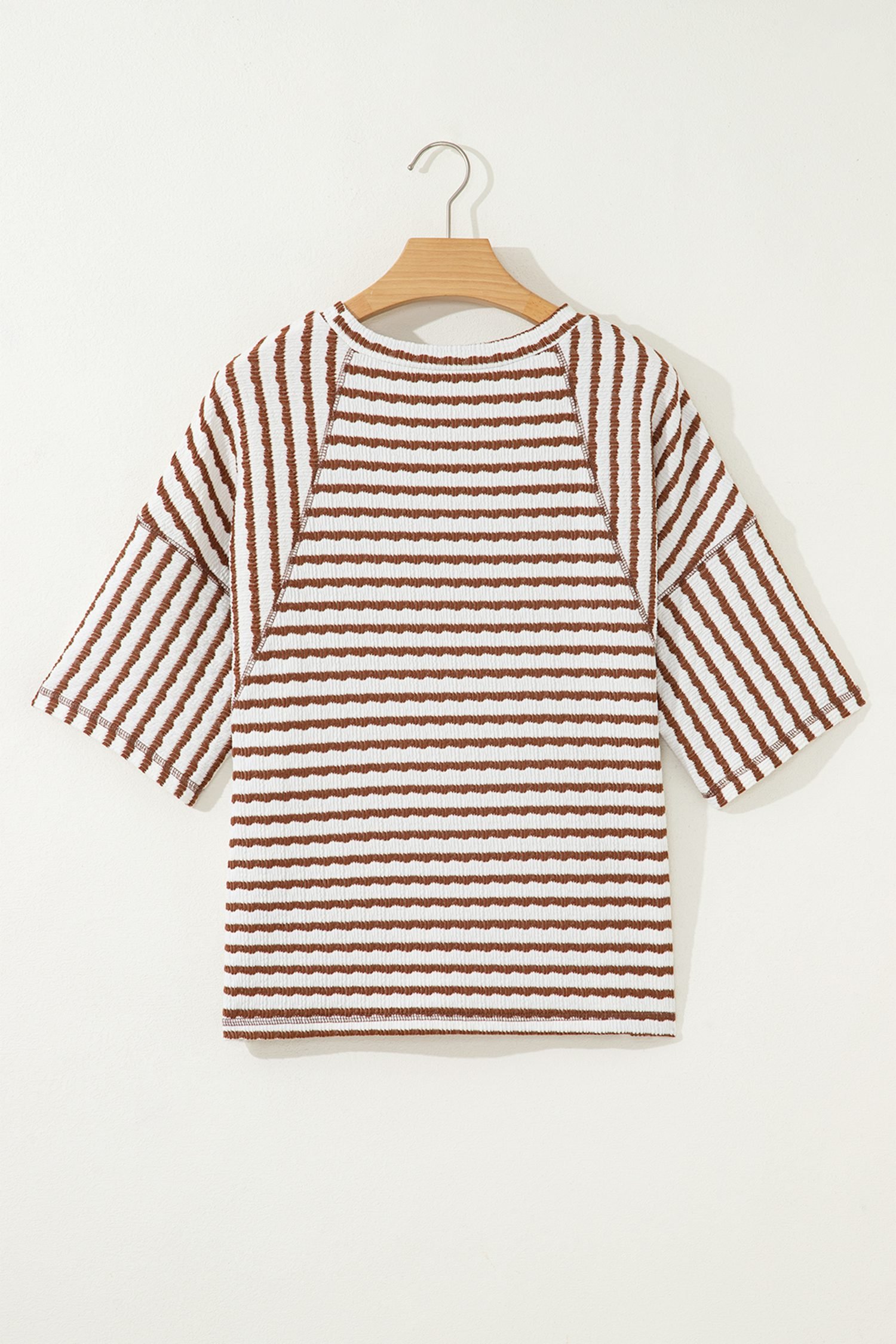 Brown Stripe Textured Knit Split Hem Half Sleeve Loose Top