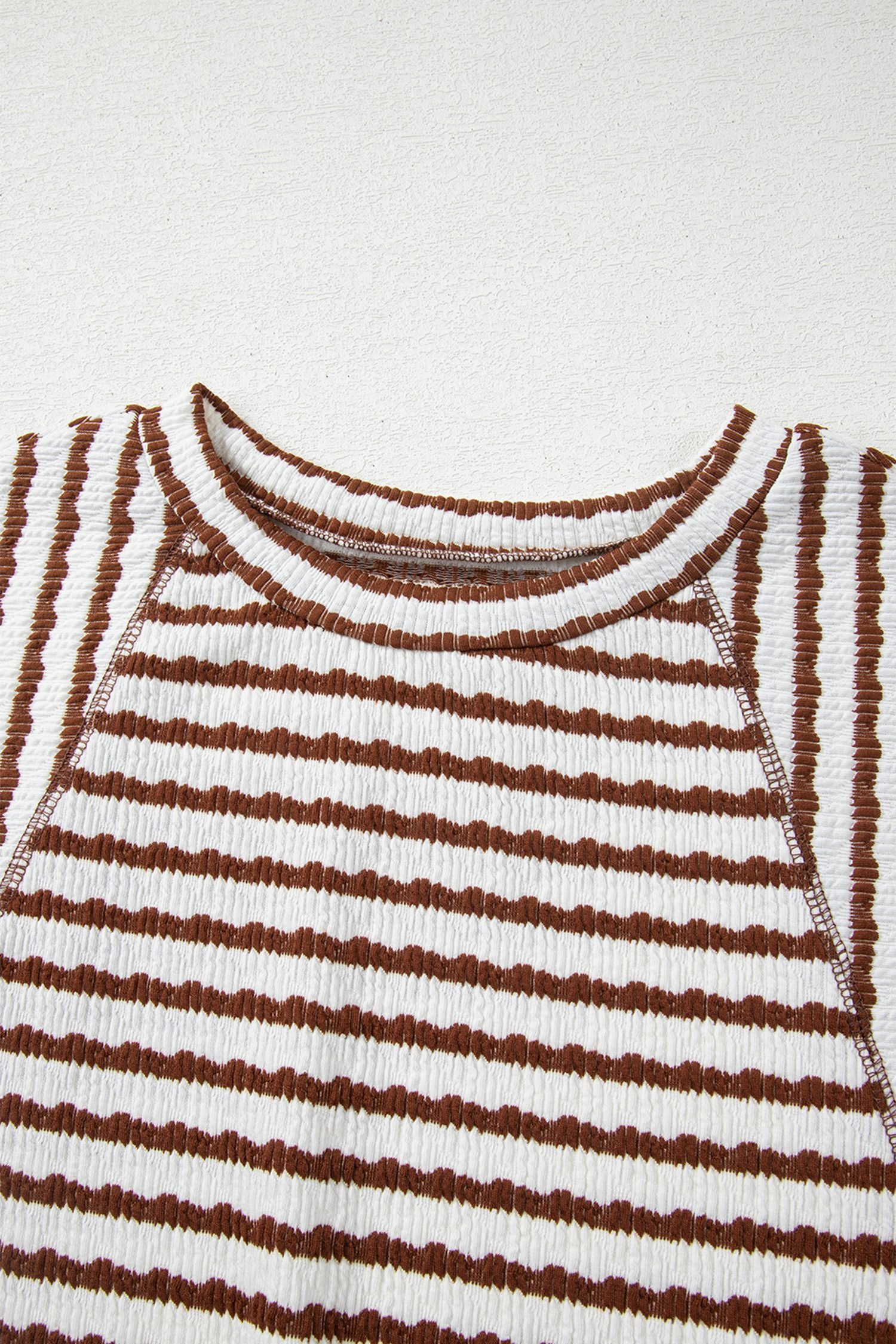 Brown Stripe Textured Knit Split Hem Half Sleeve Loose Top
