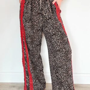 Brown Wild Leopard Print Contrast Lace Striped Detail Drawstring Pants