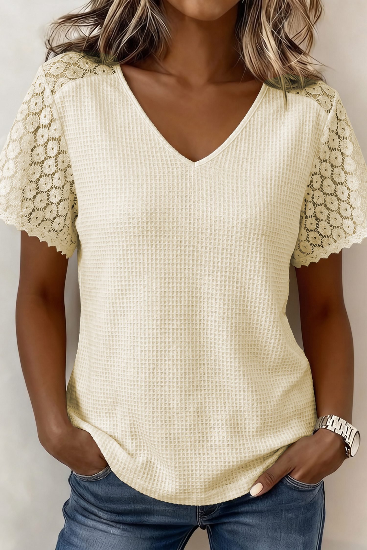 Beige Lace Splicing Button Cutout V Neck Waffle Knit Blouse