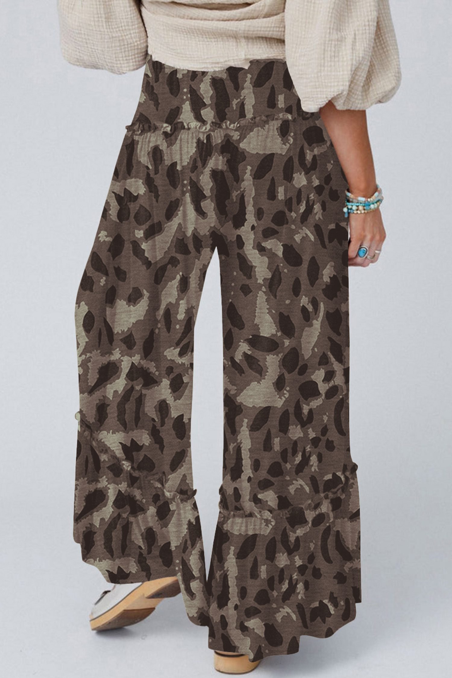 Brown Camo Print Wide Leg Casual Pants