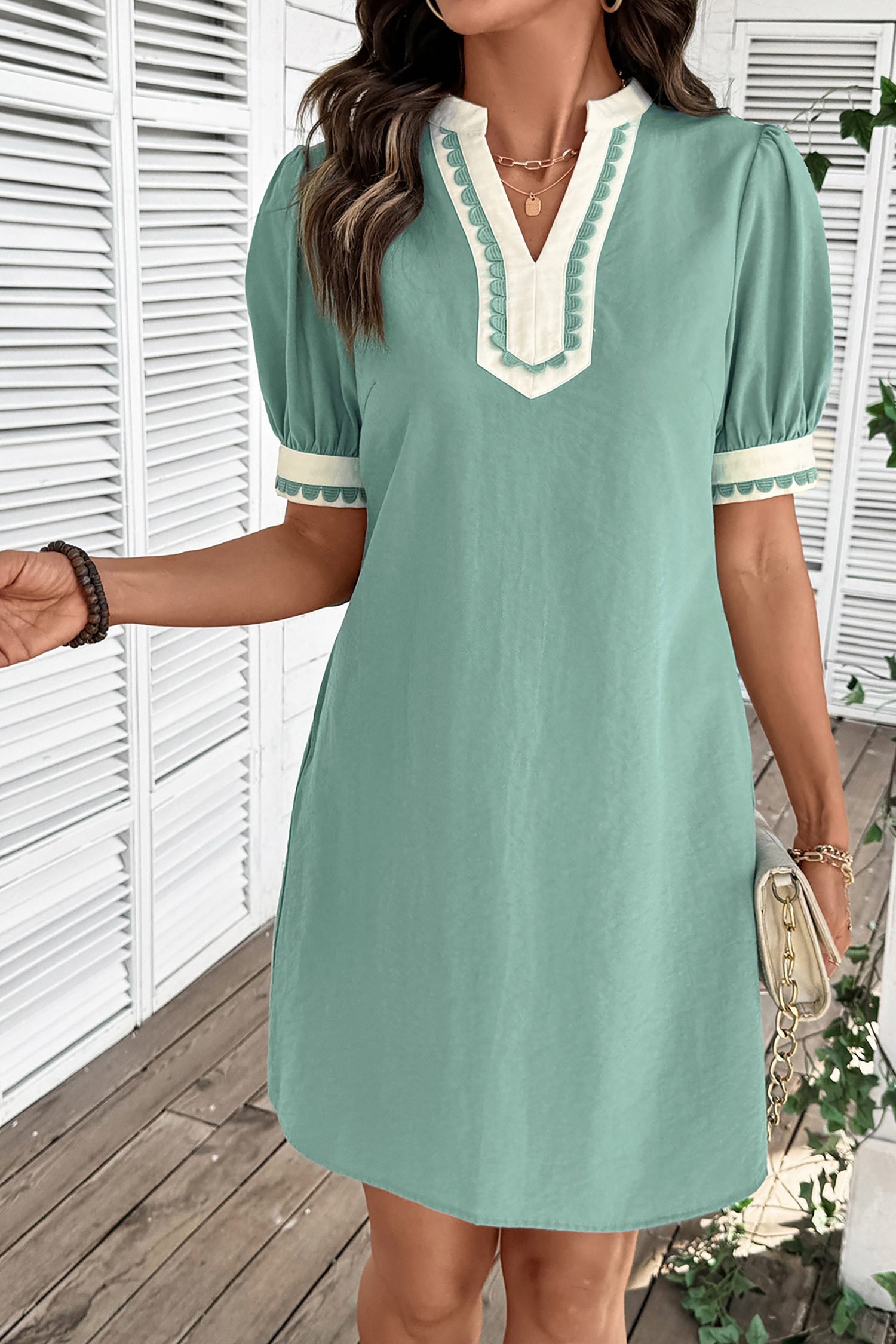 Canton Scallop Color Block Trim Puff Sleeve Mini Dress