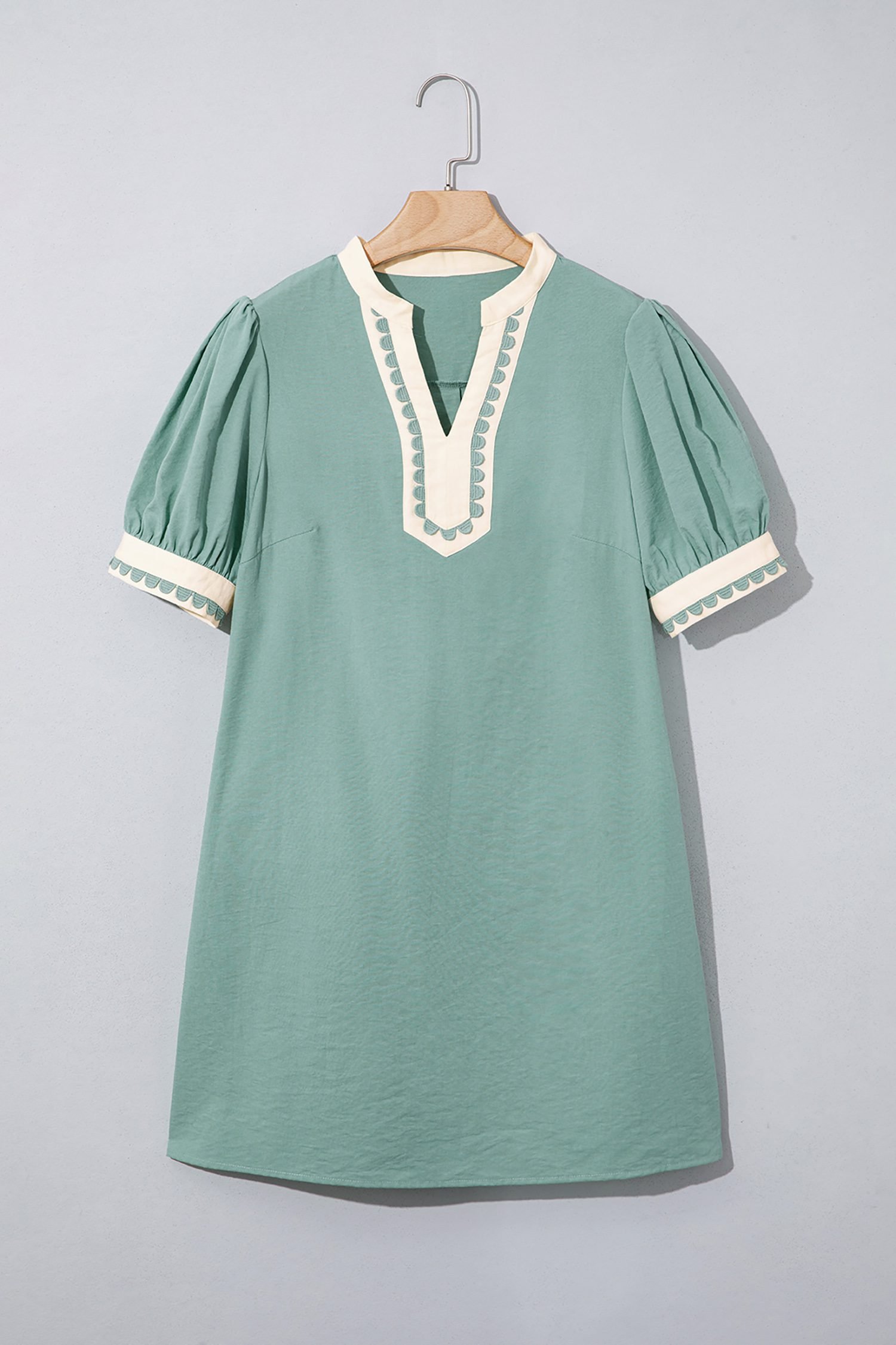Canton Scallop Color Block Trim Puff Sleeve Mini Dress