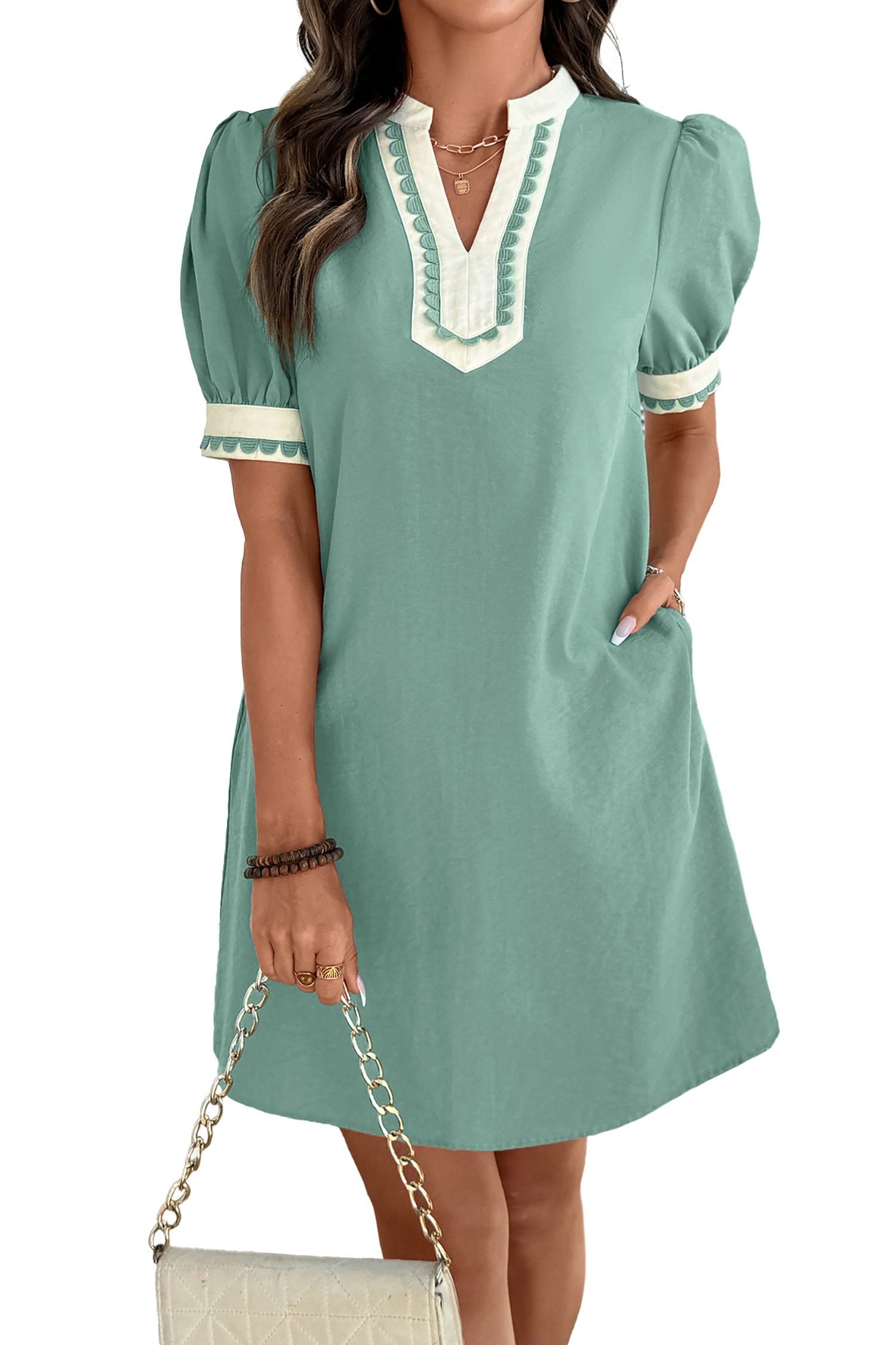 Canton Scallop Color Block Trim Puff Sleeve Mini Dress