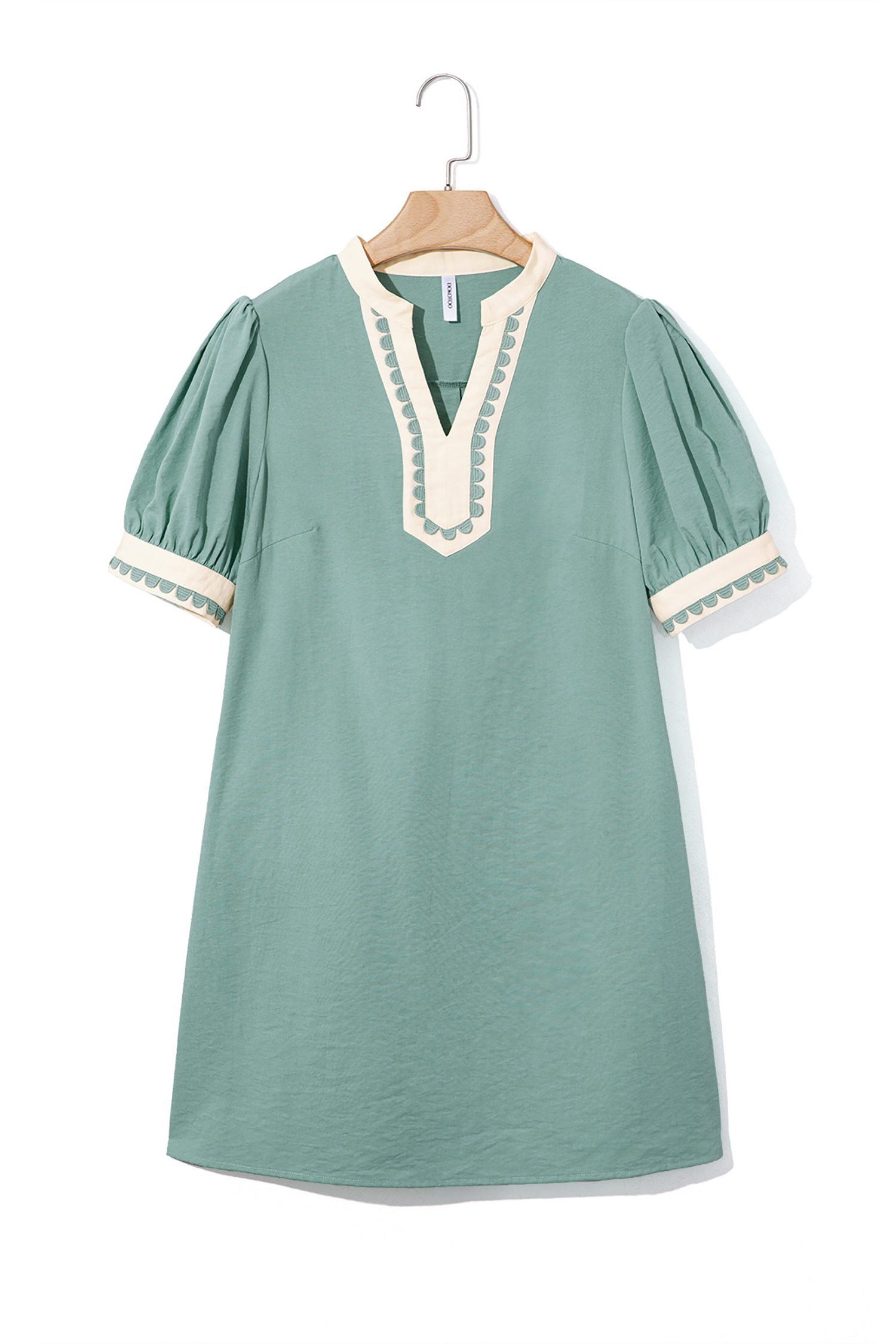 Canton Scallop Color Block Trim Puff Sleeve Mini Dress