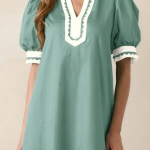 Canton Scallop Color Block Trim Puff Sleeve Mini Dress