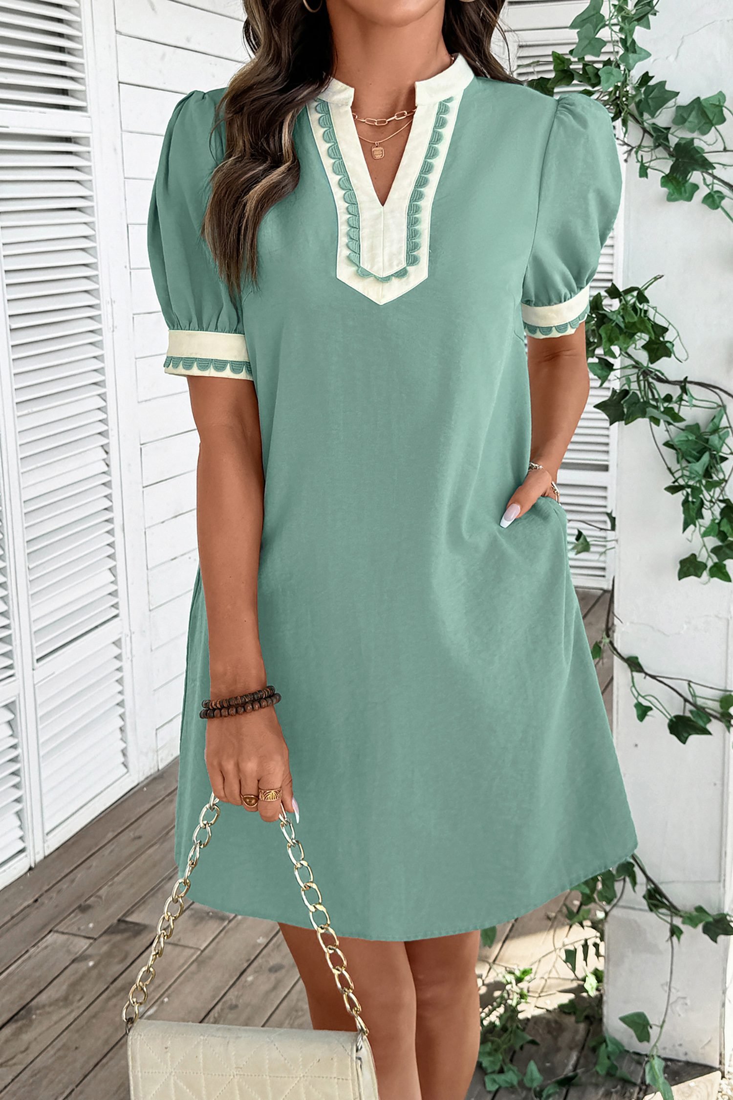 Canton Scallop Color Block Trim Puff Sleeve Mini Dress