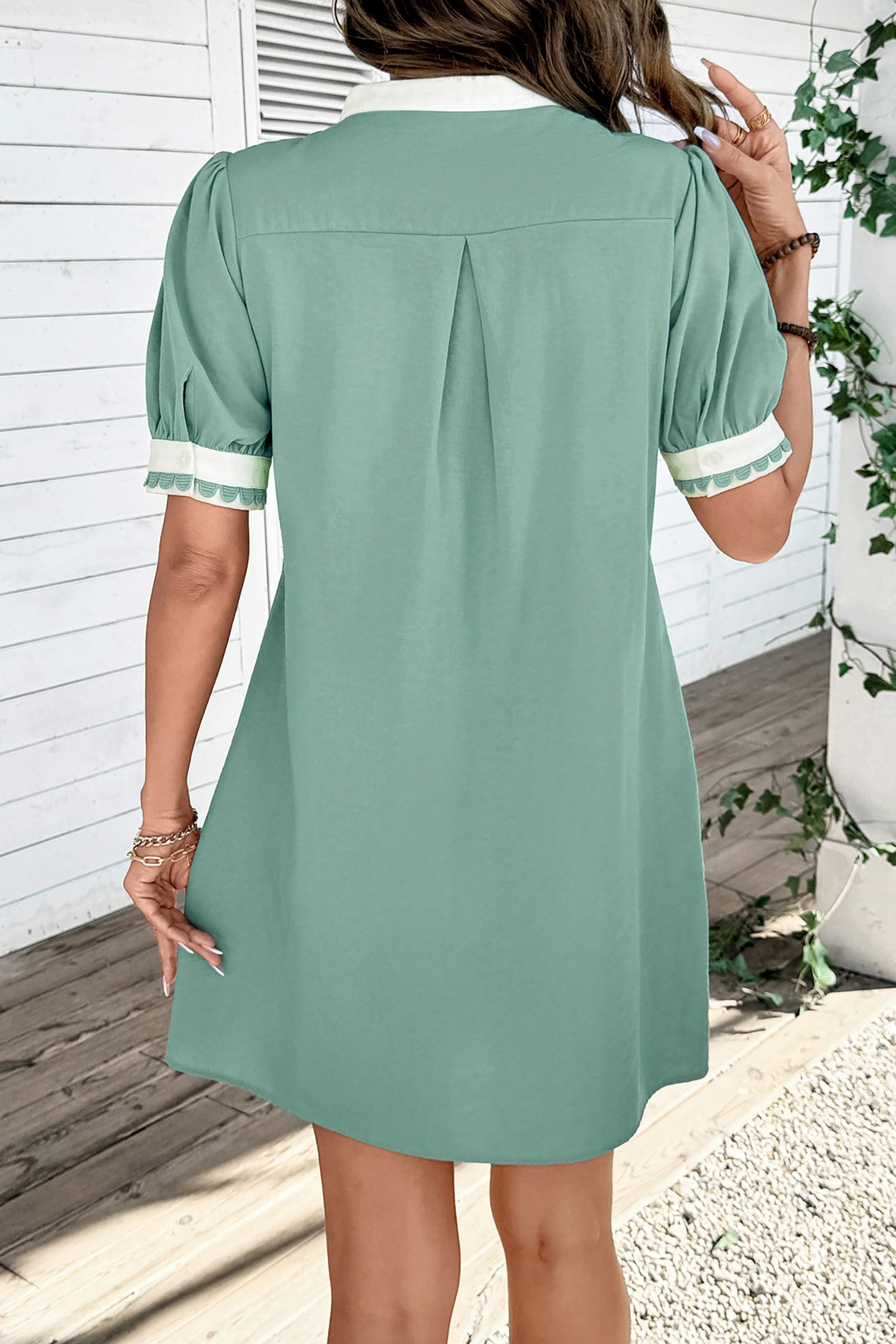 Canton Scallop Color Block Trim Puff Sleeve Mini Dress