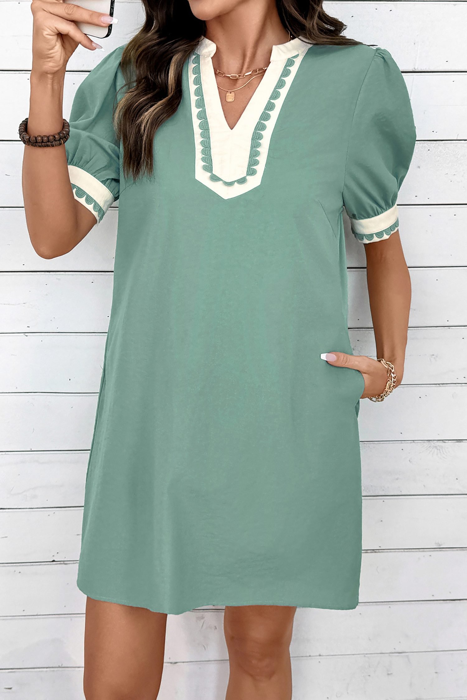Canton Scallop Color Block Trim Puff Sleeve Mini Dress