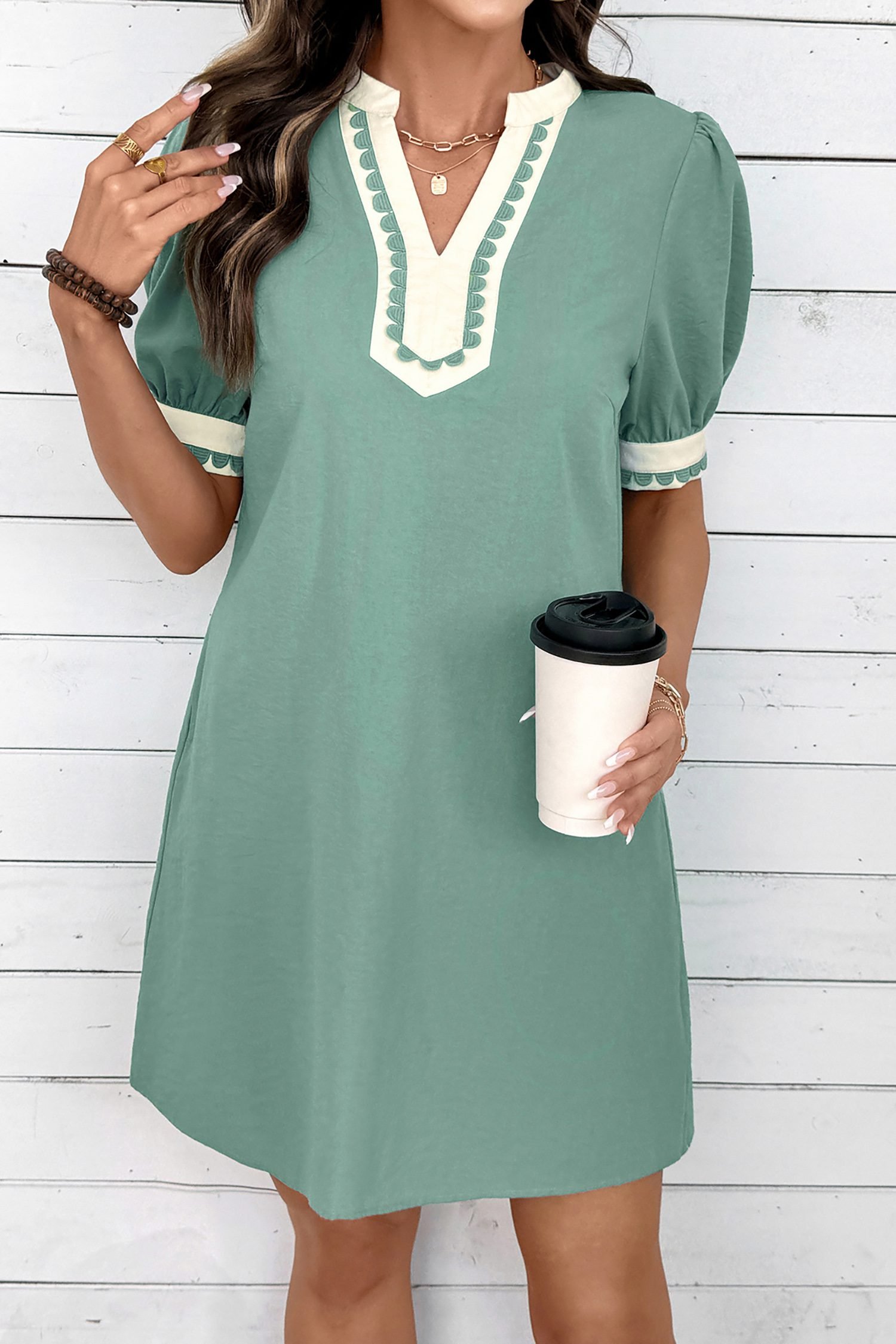 Canton Scallop Color Block Trim Puff Sleeve Mini Dress
