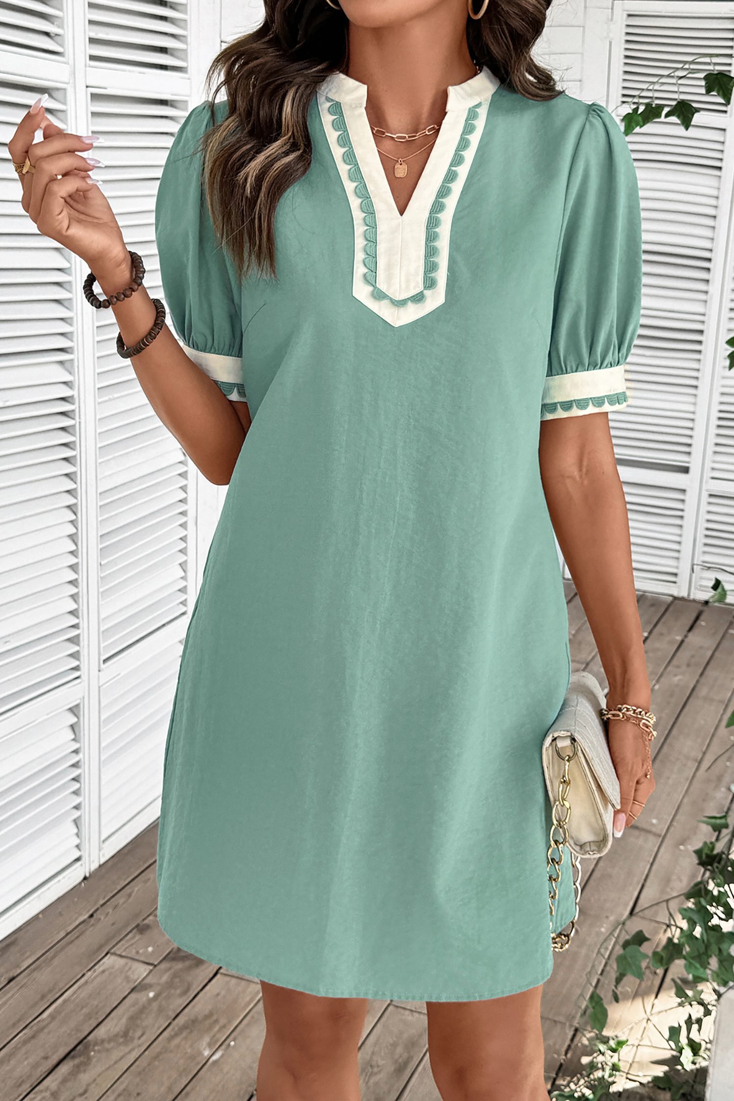 Canton Scallop Color Block Trim Puff Sleeve Mini Dress