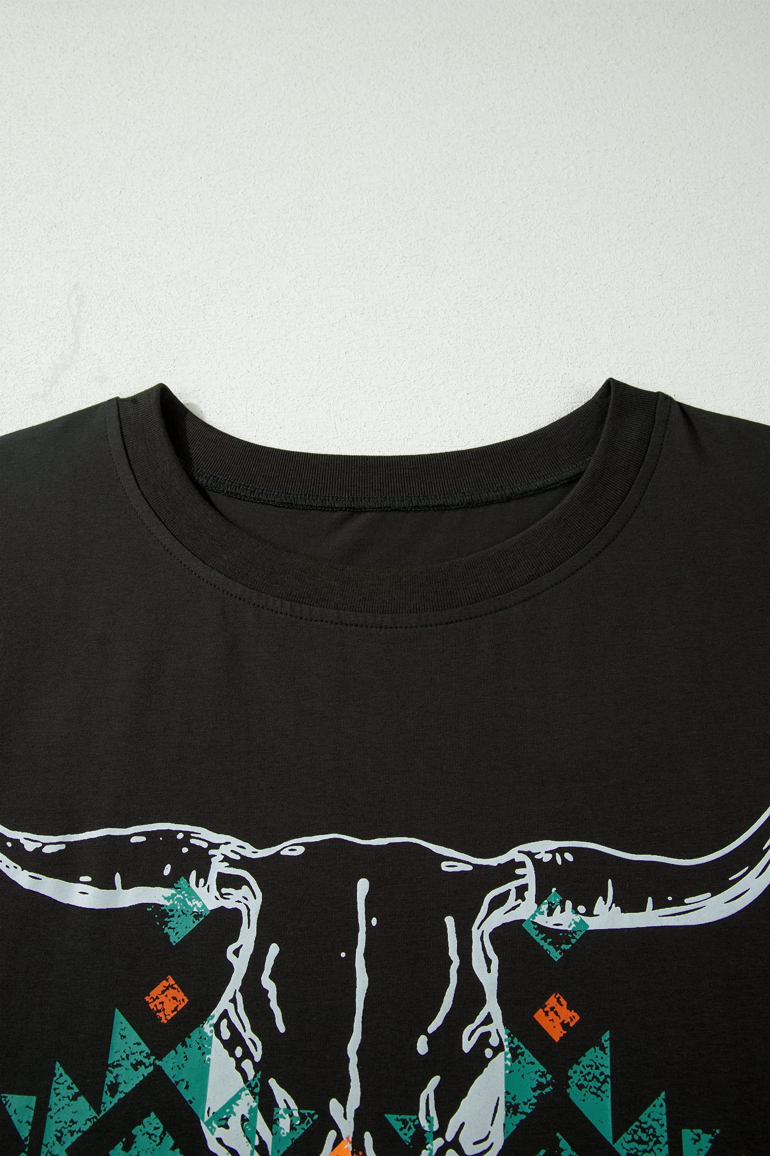 Carbon Grey Plus Size Western Aztec Bull Skull Printed T Shirt