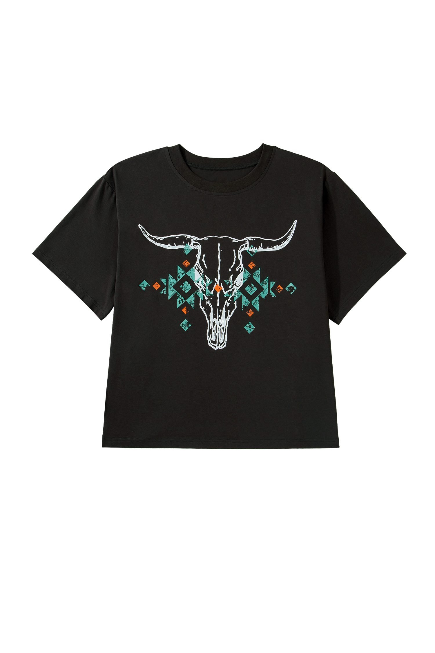 Carbon Grey Plus Size Western Aztec Bull Skull Printed T Shirt