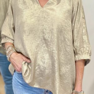 Casual Collared V Neck Half Sleeve Metallic Top