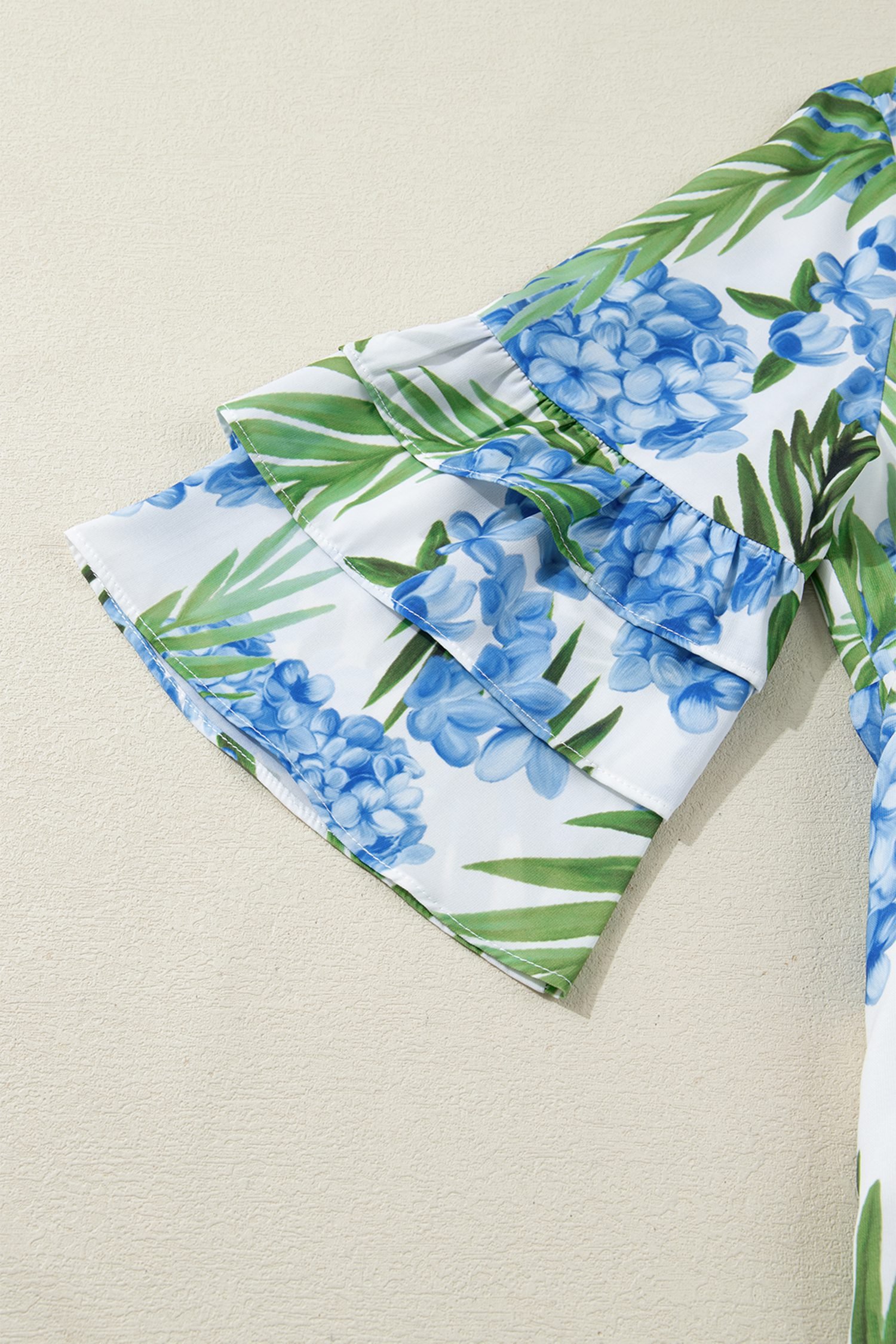 Sky Blue Palm Floral Print Contrast Ribbon Knot Ruffle Tiered Sleeve Mini Dress