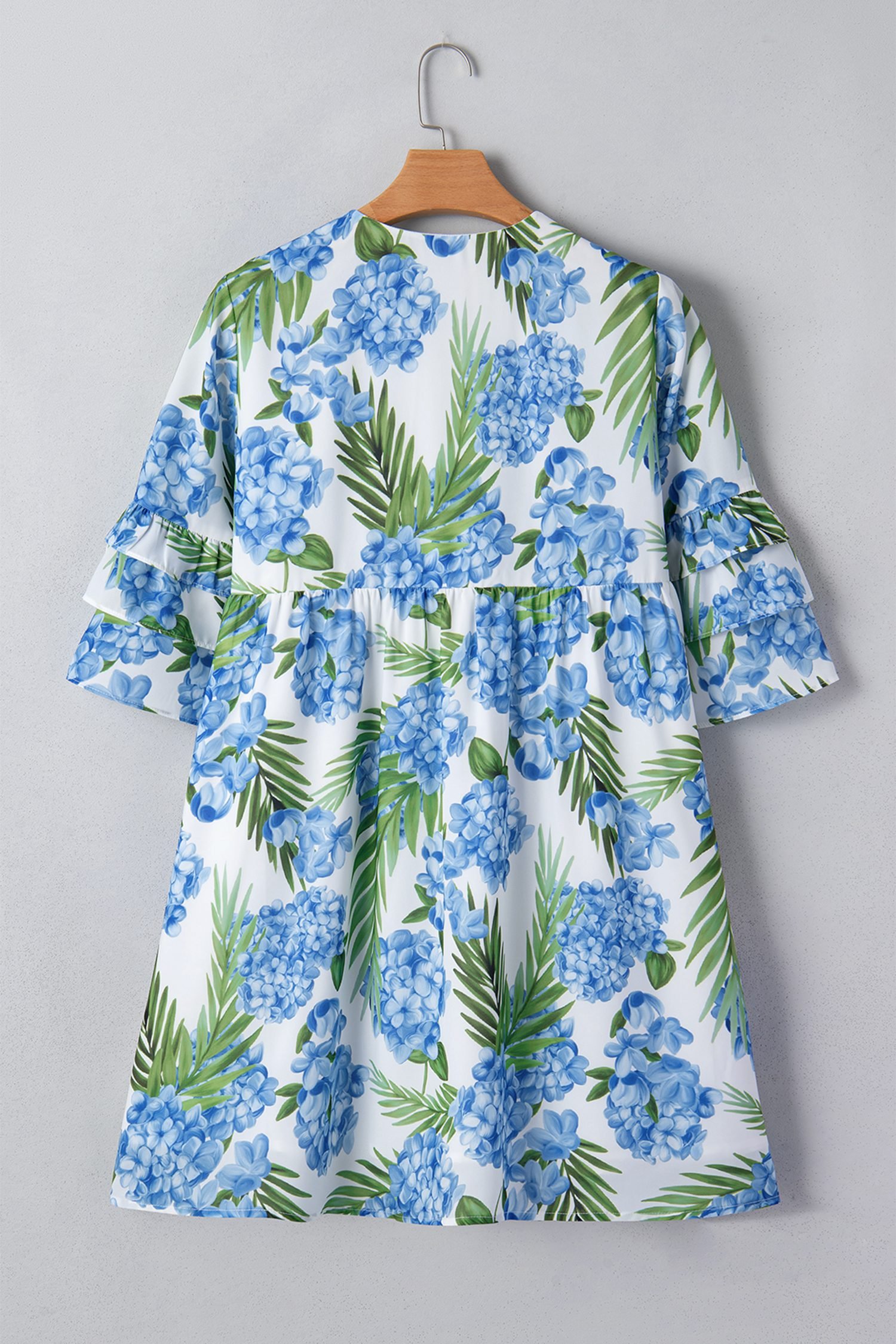 Sky Blue Palm Floral Print Contrast Ribbon Knot Ruffle Tiered Sleeve Mini Dress