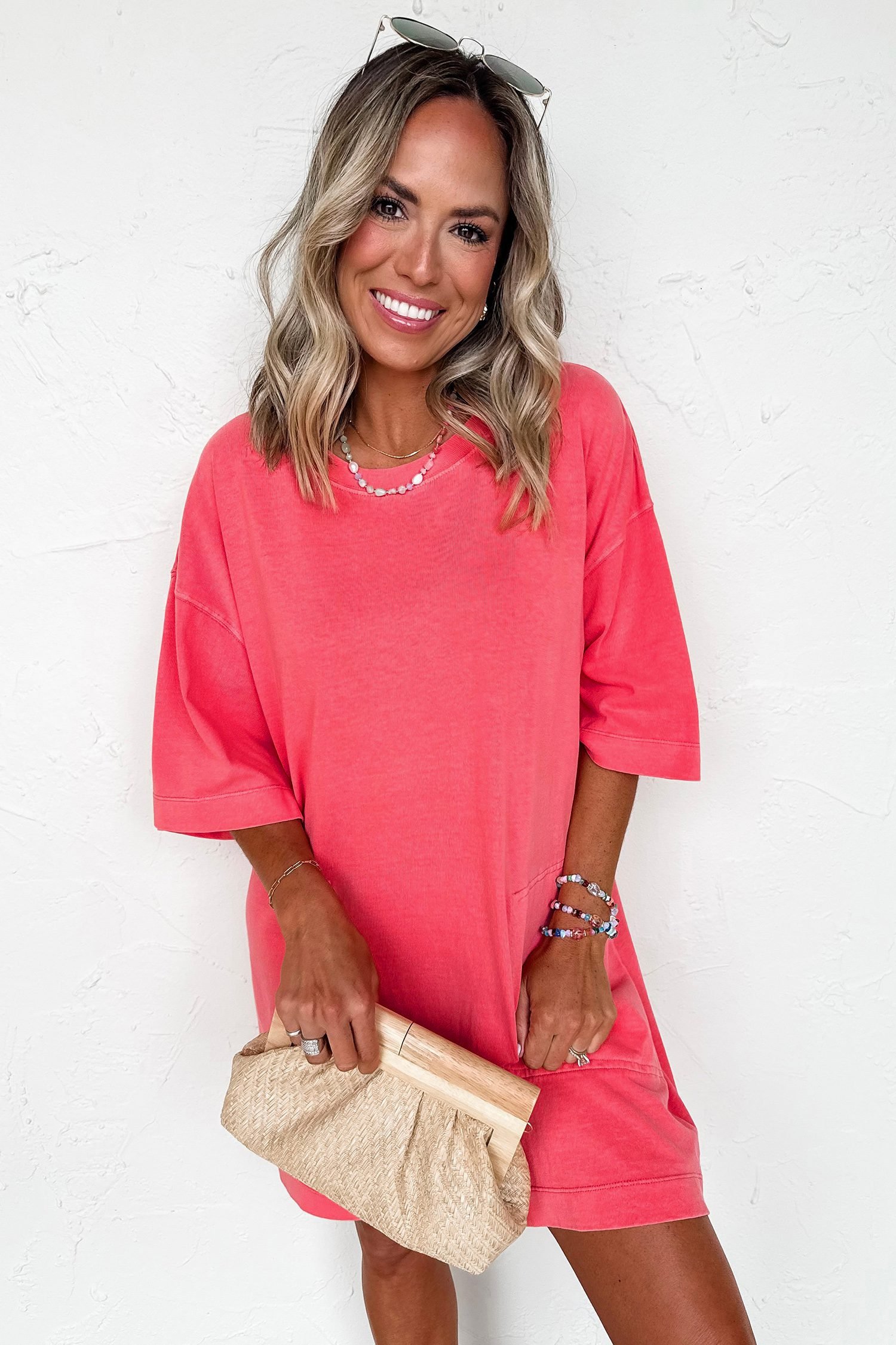 Coral Paradise Drop Shoulder Loose Casual T Shirt Mini Dress