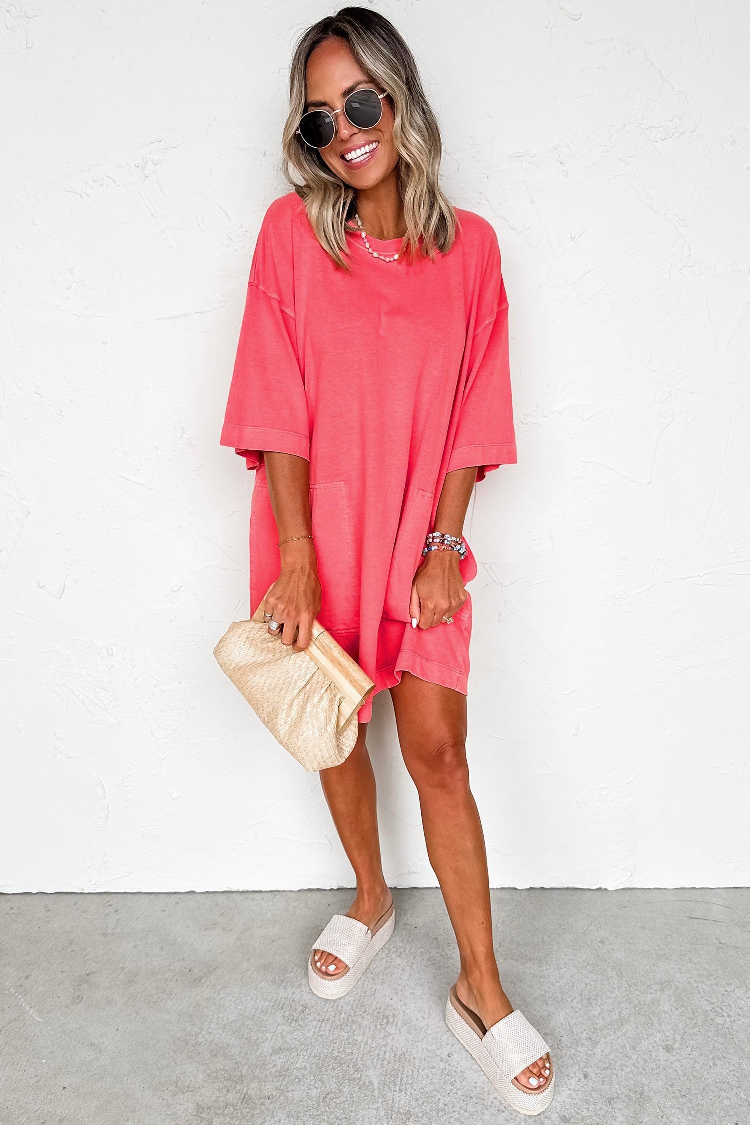 Coral Paradise Drop Shoulder Loose Casual T Shirt Mini Dress