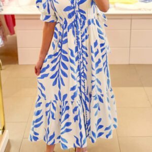 Sky Blue Leafy Botanical Print Side Tie Button Down Maxi Dress