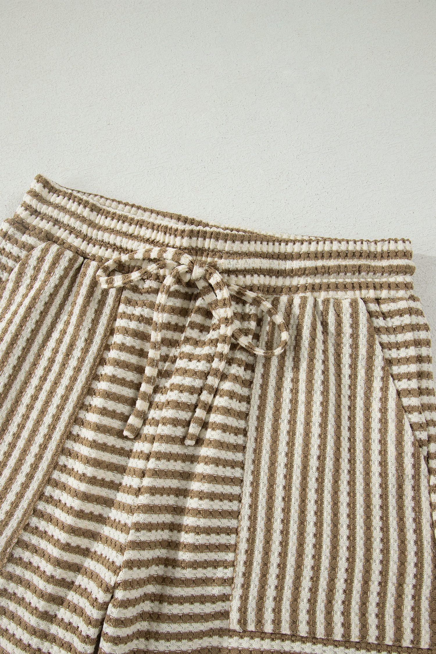 Brown Stripe Breathable Textured Knit Short 2pcs Set
