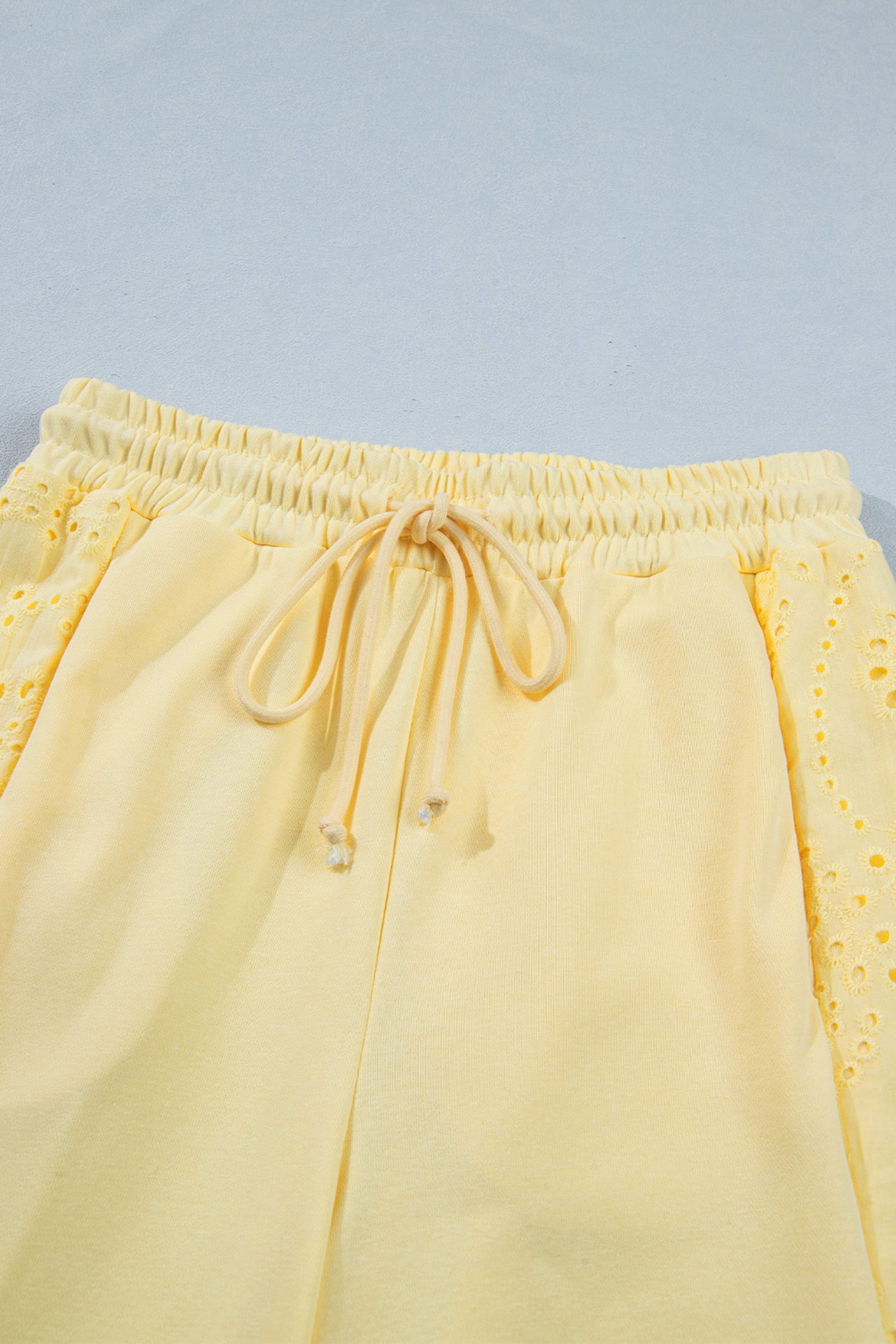 Yellow Cream Lace Patchwork Half Sleeve Top Elastic Waist Pants Two Piece Set
