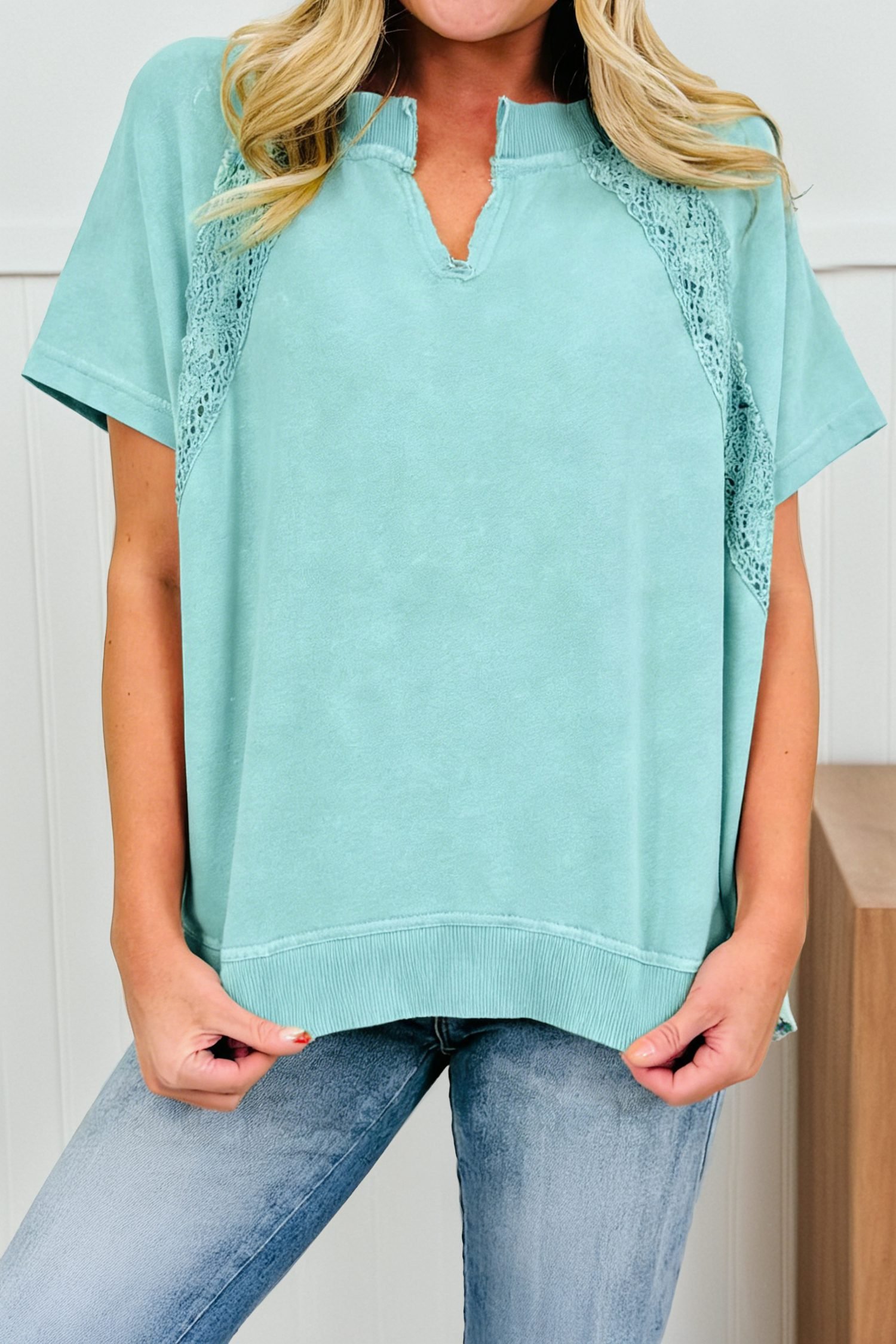 Mint Green Raw Cut Notched Neck Lace Patchwork Detail Mineral Wash Tee