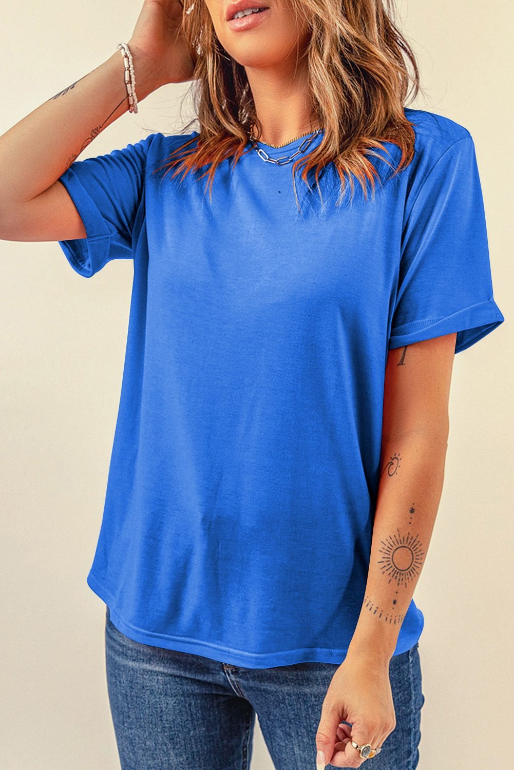 Dark Blue Casual Plain Crew Neck Tee