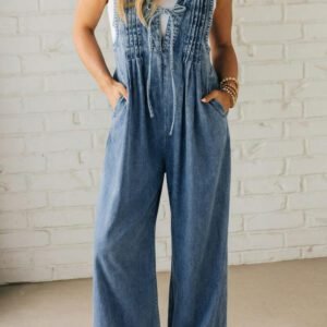 Dusk Blue Acid Wash Pintuck Tie V Neck Denim Wide Leg Jumpsuit