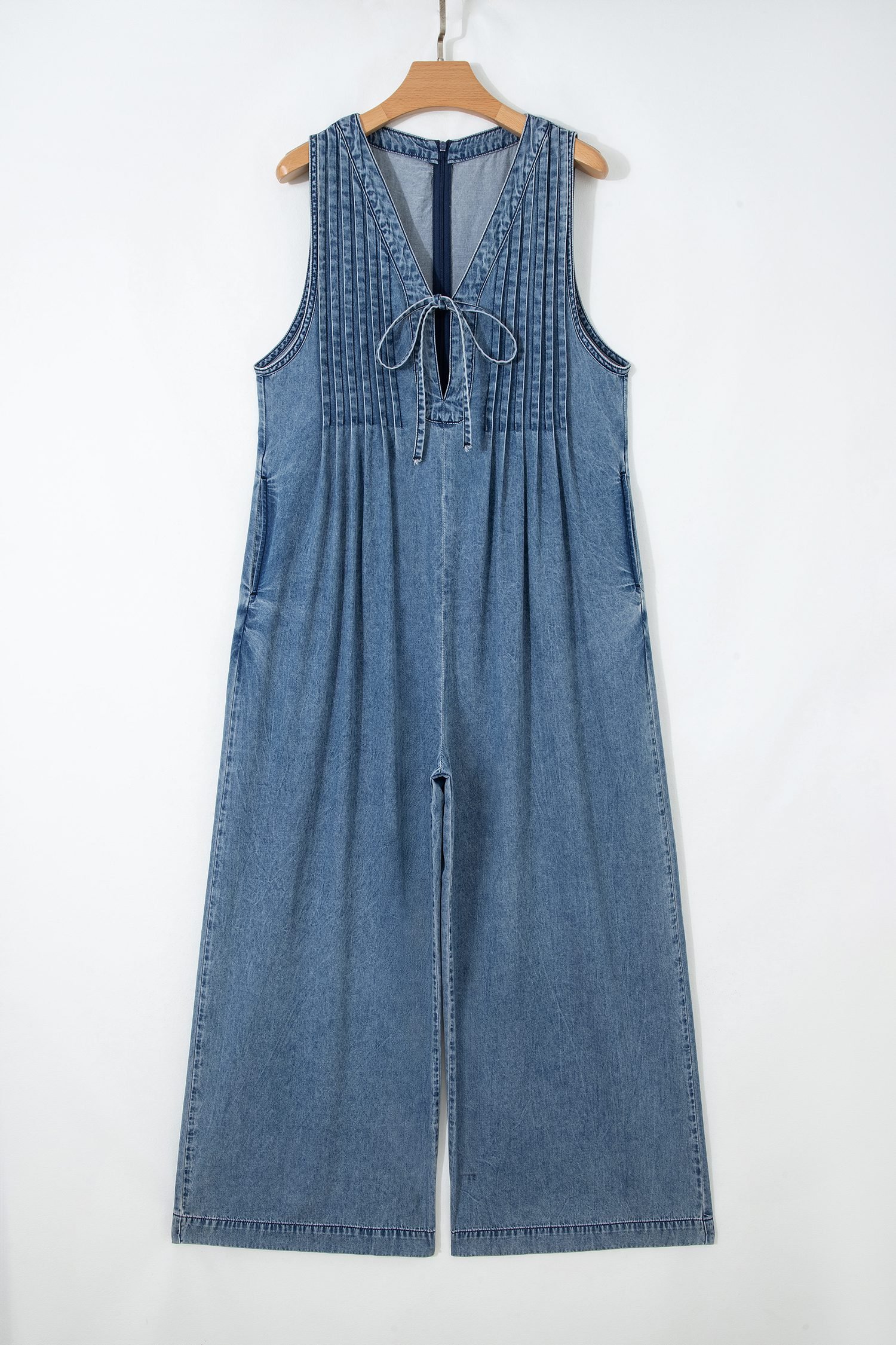 Dusk Blue Acid Wash Pintuck Tie V Neck Denim Wide Leg Jumpsuit