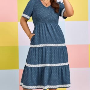 Dusk Blue Plus Size V Neck Swiss Dot Lace Patchwork Detail Flared Midi Dress