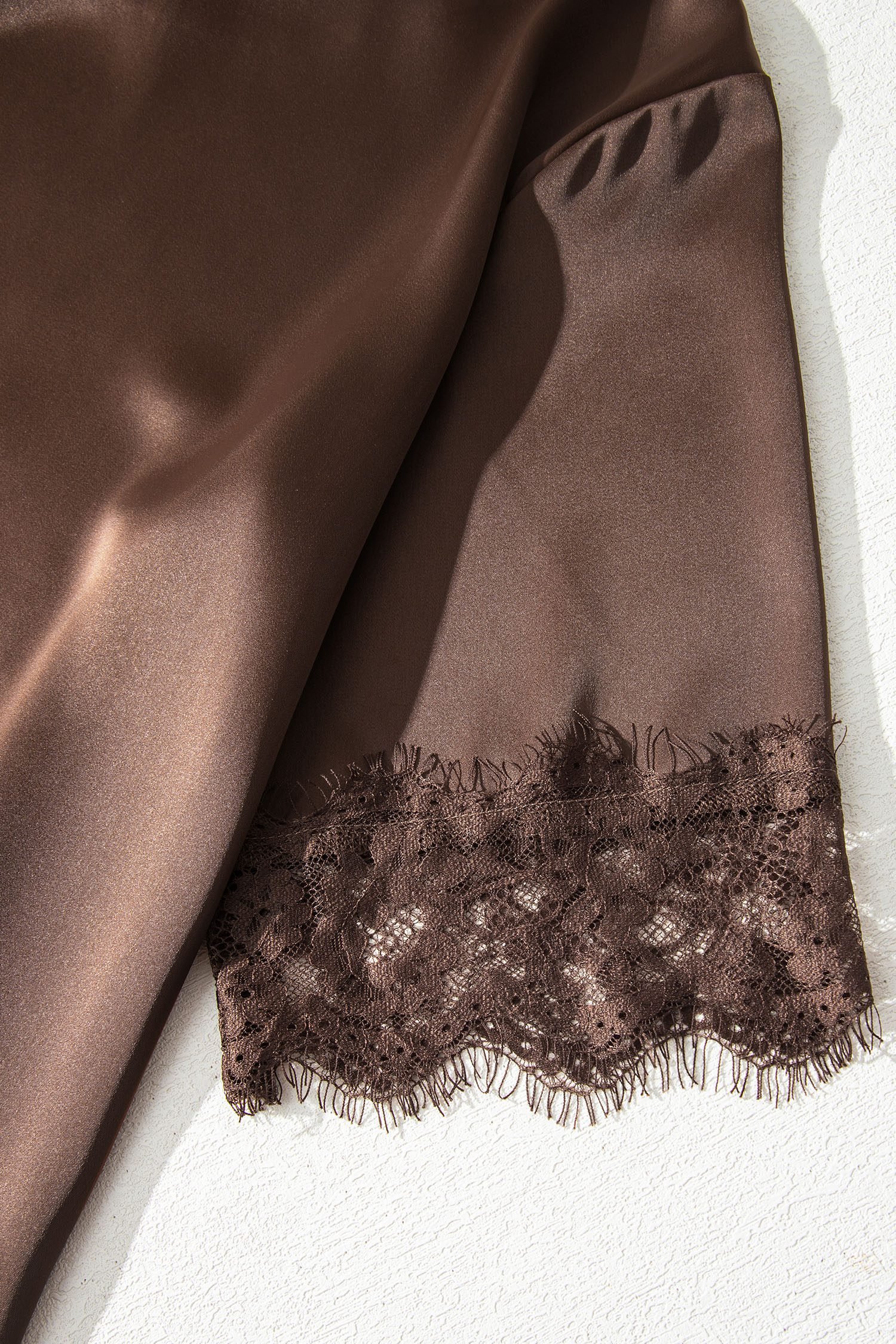 Coffee Asymmetric Lace Trim Short Sleeve Satin Top