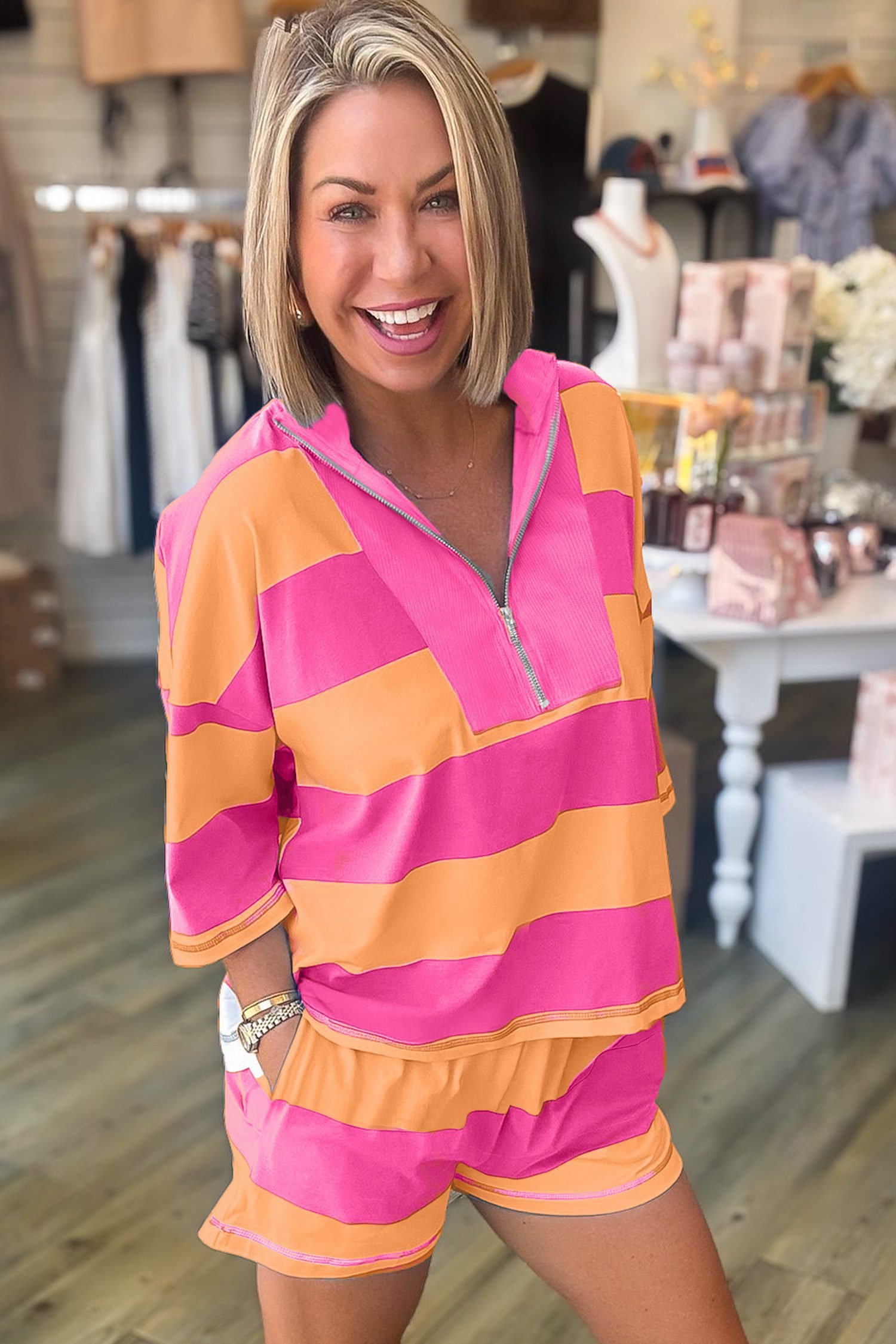 Pink Seam Detail Half Zip Tee Casual Shorts 2pcs Set