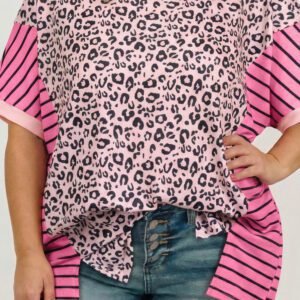 Pink Leopard Striped Contrast Patchwork Plus Size Tee