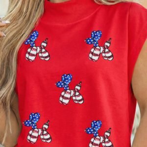 Racing Red Sequin American Flag Balloon Dog High Neck Short Sleeve Top