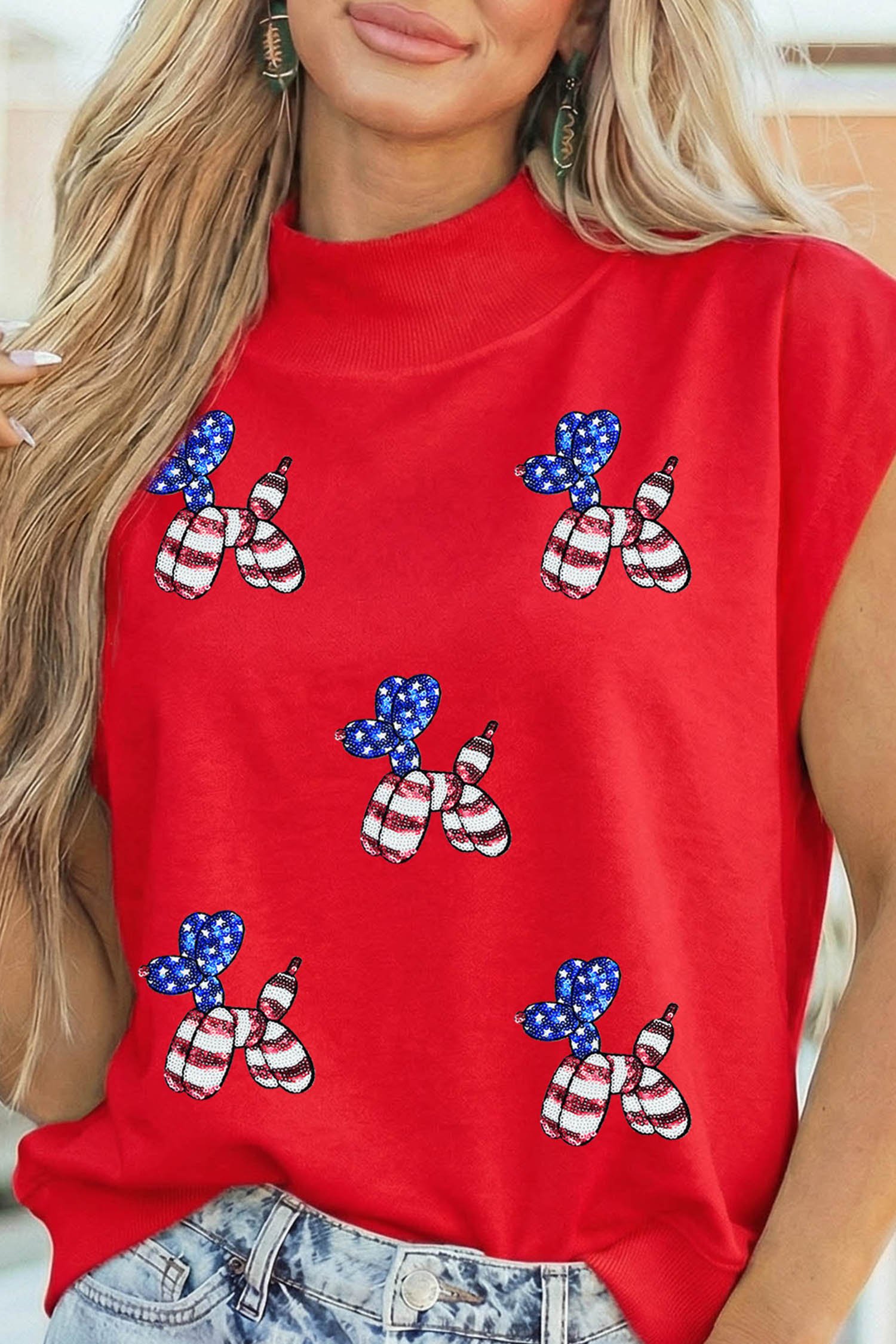 Racing Red Sequin American Flag Balloon Dog High Neck Short Sleeve Top