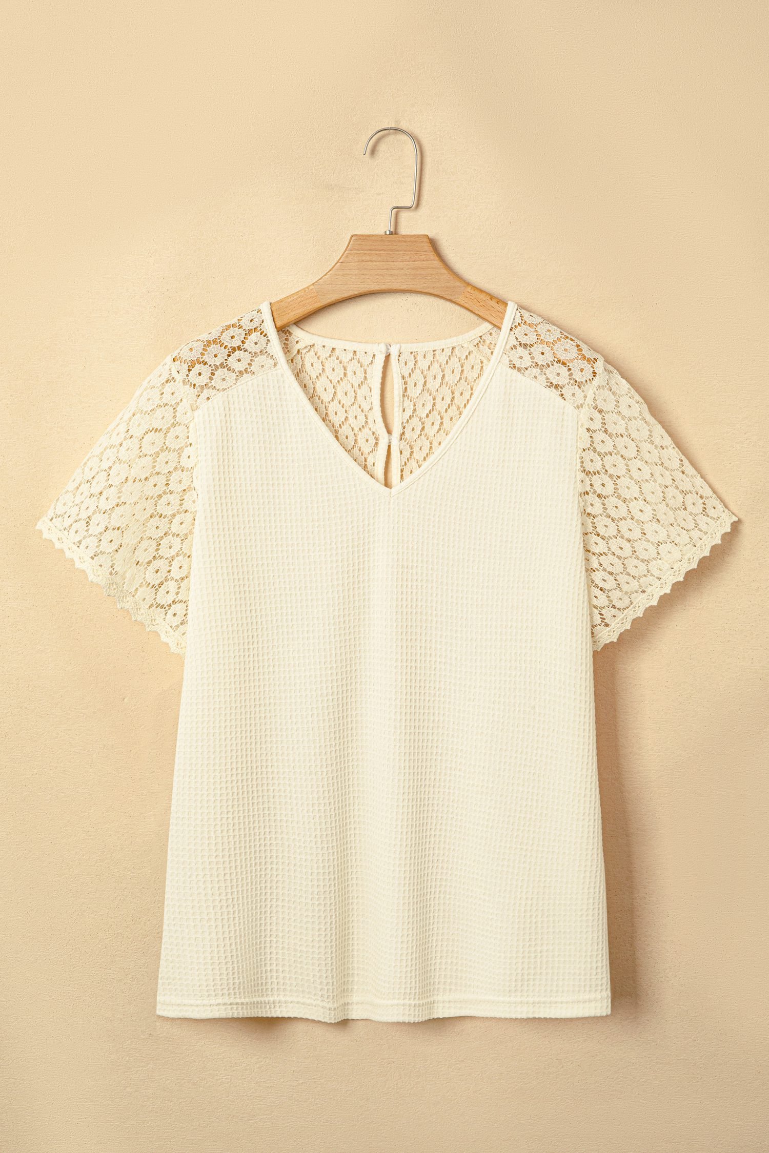 Beige Lace Splicing Button Cutout V Neck Waffle Knit Blouse