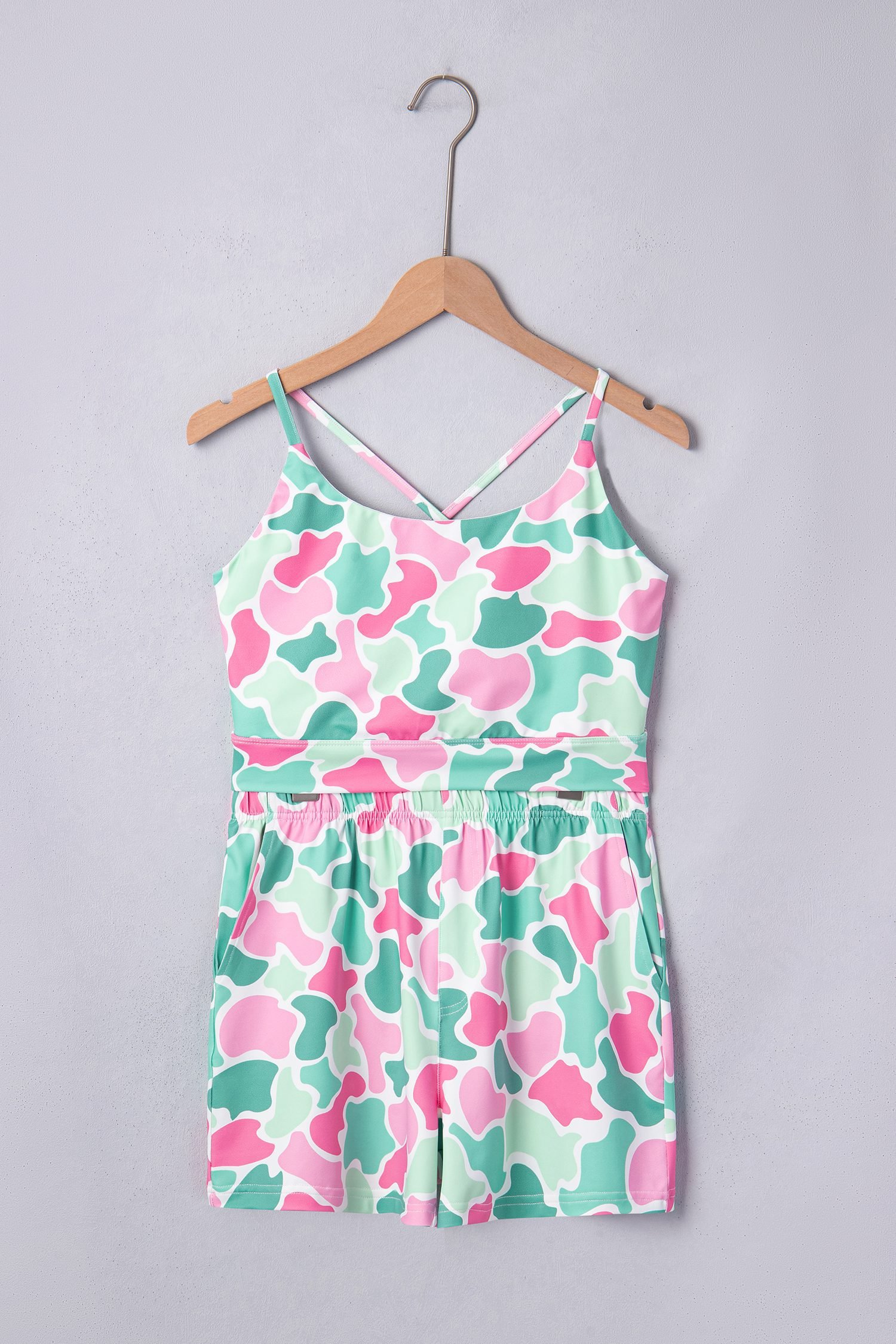 Green Camouflage Printed Cropped Tank Athleisure 2pcs Short Set